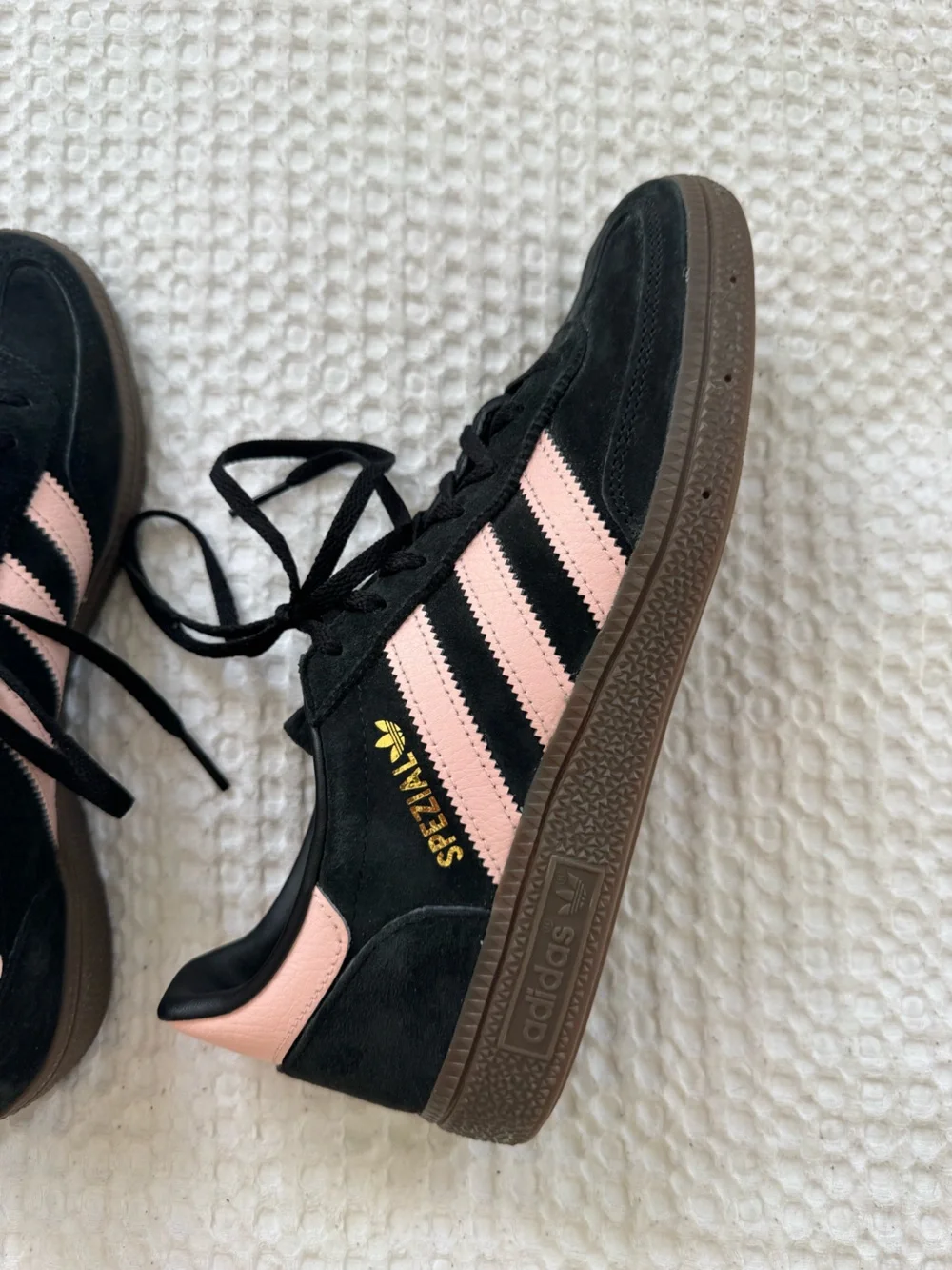 adidas Women’s Black Suede Sneakers with Pink Stripes